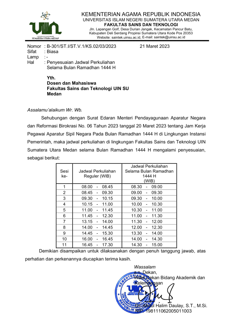 Penyesuaian Jadwal Perkuliahan Selama Bulan Ramadhan 1444 H 2023 M